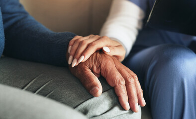 Hands, nurse and senior man with support, compassion and healthcare with retirement. Closeup,...
