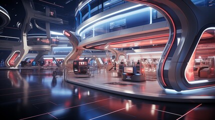 Visualisation vr project, futuristic Commercial stand in exhibition hall or large professional salon ready to receive brands . 