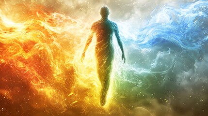 Fototapeta premium Abstract Human Figure Surrounded by Fire and Water Spiritual Energy Divine Concept Art