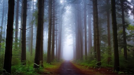 A misty forest path surrounded by tall trees, evoking a sense of tranquility and mystery.