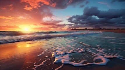 a tranquil beach at sunset, with golden hues reflecting on the calm ocean waters 