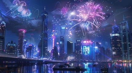 Futuristic City Skyline at Midnight on New Year's Eve