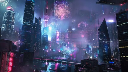 Futuristic City Skyline at Midnight on New Year's Eve