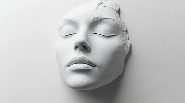 A serene white sculpture of a woman's face with peaceful expression against a minimalist background