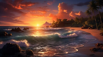 a tranquil beach at sunset, with golden hues reflecting on the calm ocean waters 