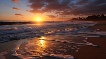 a tranquil beach at sunset, with golden hues reflecting on the calm ocean waters 
