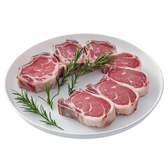 Fototapeta premium Raw lamb chops with fresh rosemary on white plate