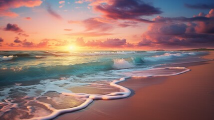 a tranquil beach at sunset, with golden hues reflecting on the calm ocean waters 