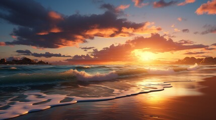 a tranquil beach at sunset, with golden hues reflecting on the calm ocean waters 