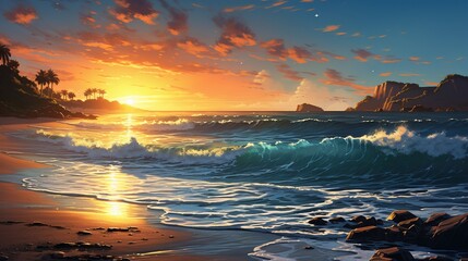 a tranquil beach at sunset, with golden hues reflecting on the calm ocean waters 