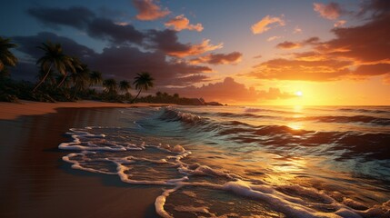 a tranquil beach at sunset, with golden hues reflecting on the calm ocean waters 