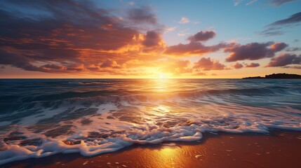 a tranquil beach at sunset, with golden hues reflecting on the calm ocean waters 