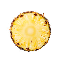 Top view of a fresh pineapple slice on a transparent background displaying vibrant yellow flesh