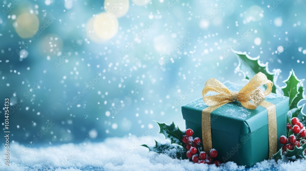 Poster a green gift box with a gold ribbon sits on a snowy surface. the box is adorned with a sprig of holl