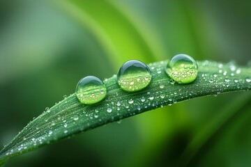 Dewdrops glisten on a vibrant green leaf, showcasing the beauty of nature and the intricate details of water in a serene, natural setting.