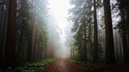 Fototapeta premium A misty forest path surrounded by tall trees and ferns, creating a serene atmosphere.