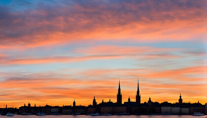 Silhouette of the Stockholm skyline with gamla stan framed by a bright blue and orange sunset, Ai Generated