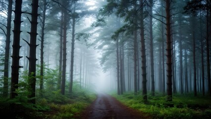 Naklejka premium A misty forest path surrounded by tall trees, creating a serene and mysterious atmosphere.