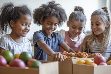 Group of kids packing food boxes, concept of youth volunteerism and community service, promoting holiday giving and charity events, suitable for nonprofit campaigns