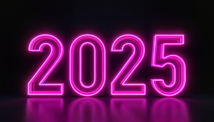 Neon 2025 text glowing on a dark background for New Year celebrations