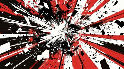 a bauhaus illustration in white, black and red of an explosion of content, the content is made by single letters, words and whole sentences flying in all directions