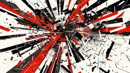 a bauhaus illustration in white, black and red of an explosion of content, the content is made by single letters, words and whole sentences flying in all directions
