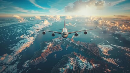 Naklejka premium Airplane flying over a mountain range with a scenic view of clouds and water.