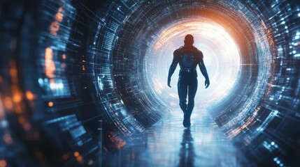 An illustration of a time traveler walking towards a circular time portal