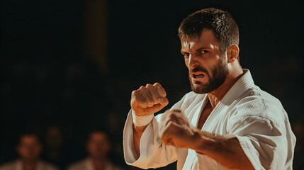 A karate competitor breaking boards with precision, surrounded by an audience gasping in awe.


