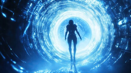 An illustration of a time traveler walking towards a circular time portal