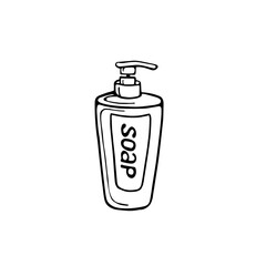 hand-drawn packaging with liquid soap, isolated on a white background. Vector illustration in the Doodle style. Natural soap, toiletries.Design for printing, advertising, posters, catalogs