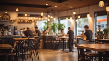 Blur coffee shop or cafe restaurant, Blurred restaurant background with some people and chefs working