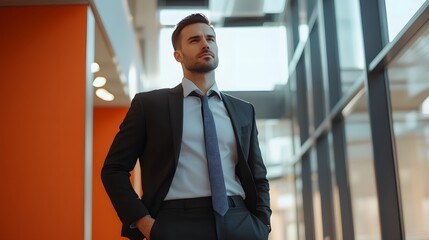 Fototapeta premium A Confident Man in a Suit Standing in a Modern Office Building