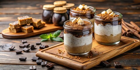 Savor the richness of S'mores Chia Puddings, artfully presented on a wooden board, flanked by delightful ingredients, perfect for an unforgettable dessert experience.