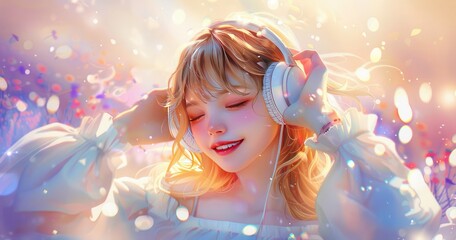Fototapeta premium A beautiful girl with blonde hair is smiling and listening to music through headphones, dressed in white
