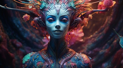 alien being,  unique features, vibrant colors, and a sense of mystery 