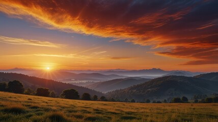 Realistic illustration of a sunrise landscape behind the mountains with beautiful orange light in the sky that is pleasing to the eye