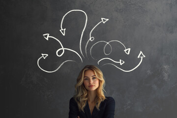 confusion arrow with blonde business woman ethics choice concept