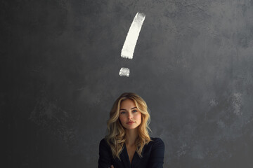 Exclamation mark with blonde business woman ethics choice concept