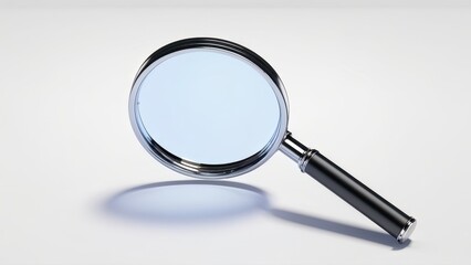 A magnifying glass resting on a smooth surface, highlighting its reflective properties.