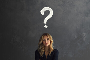 question mark with blonde business woman ethics choice concept