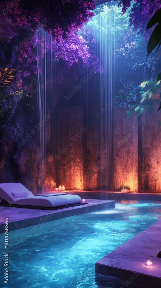 Wall mural A pool with a waterfall and a white lounge chair. The water is blue and the waterfall is purple