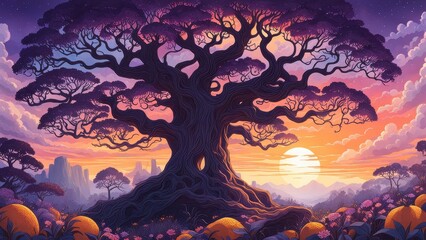 Fototapeta premium A majestic tree with vibrant foliage against a colorful sunset landscape.