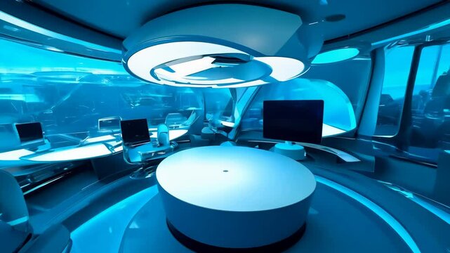 The camera rotates 360 degrees around a central meeting pod in a modern, high-tech office with sleek, futuristic design and key lighting