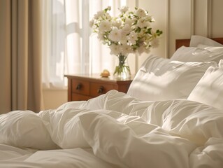 Naklejka premium Sunlit Bedroom with Crisp White Bedding