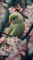Bird sitting on a branch of a flowering tree, close-up photo