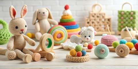 Sustainable wooden knitting toys for infants promote motor skills and sensory growth, beautifully displayed on a white tabletop for an engaging playtime experience.