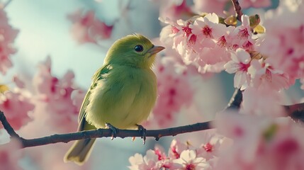 Bird sitting on a branch of a flowering tree, close-up photo