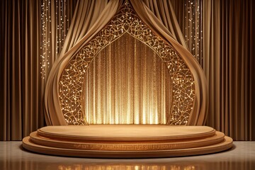 Elegant stage design with golden drapes and intricate patterns for performances or events.