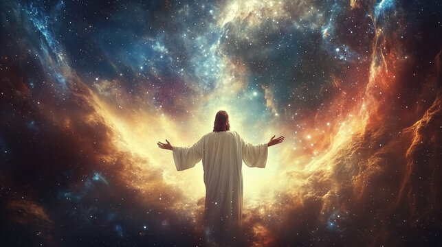 Serene Depiction of Jesus in a Colorful and Expansive Universe, Surrounded by Awe-Inspiring Galaxies and Celestial Bodies, Evoking a Deep Sense of Spiritual Grandeur and Faith